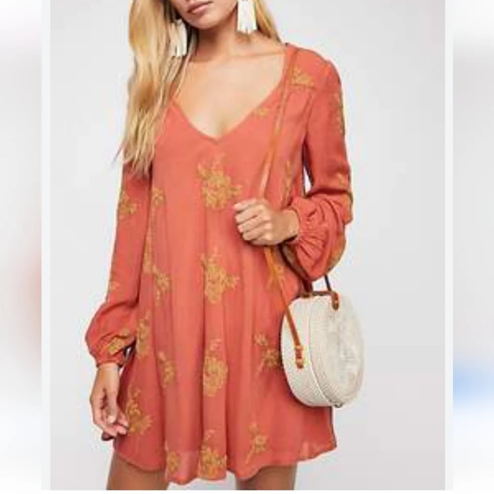 Free People Burnt Orange Embroidered Austin Mini Dress